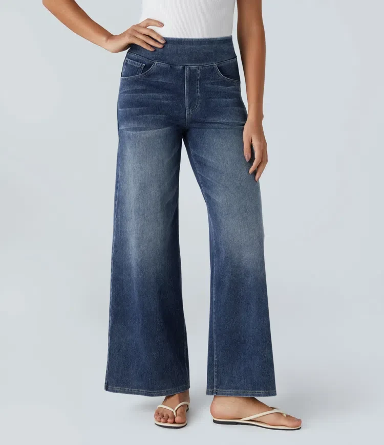 Damen Jeans mit hohem Bund | Super Stretch Stoff | Weites Bein | Bequeme Passform | Zeitloser Stil