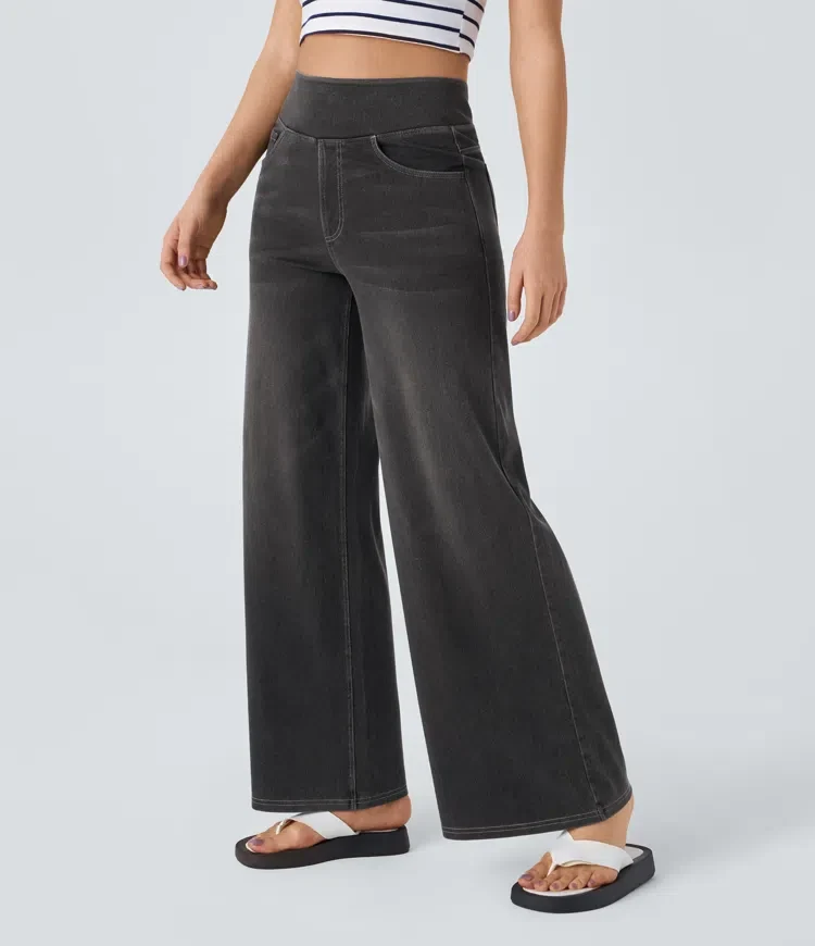 Damen Jeans mit hohem Bund | Super Stretch Stoff | Weites Bein | Bequeme Passform | Zeitloser Stil