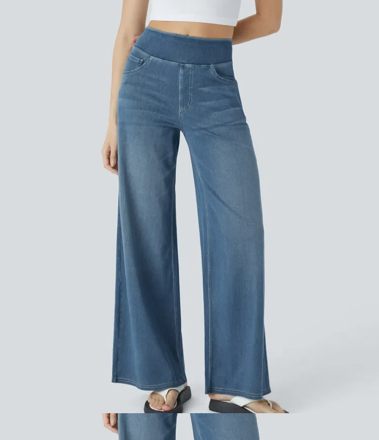 Damen Jeans mit hohem Bund | Super Stretch Stoff | Weites Bein | Bequeme Passform | Zeitloser Stil