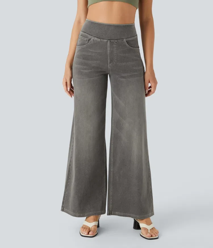 Damen Jeans mit hohem Bund | Super Stretch Stoff | Weites Bein | Bequeme Passform | Zeitloser Stil