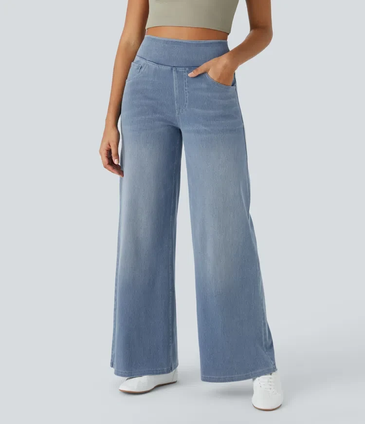 Damen Jeans mit hohem Bund | Super Stretch Stoff | Weites Bein | Bequeme Passform | Zeitloser Stil