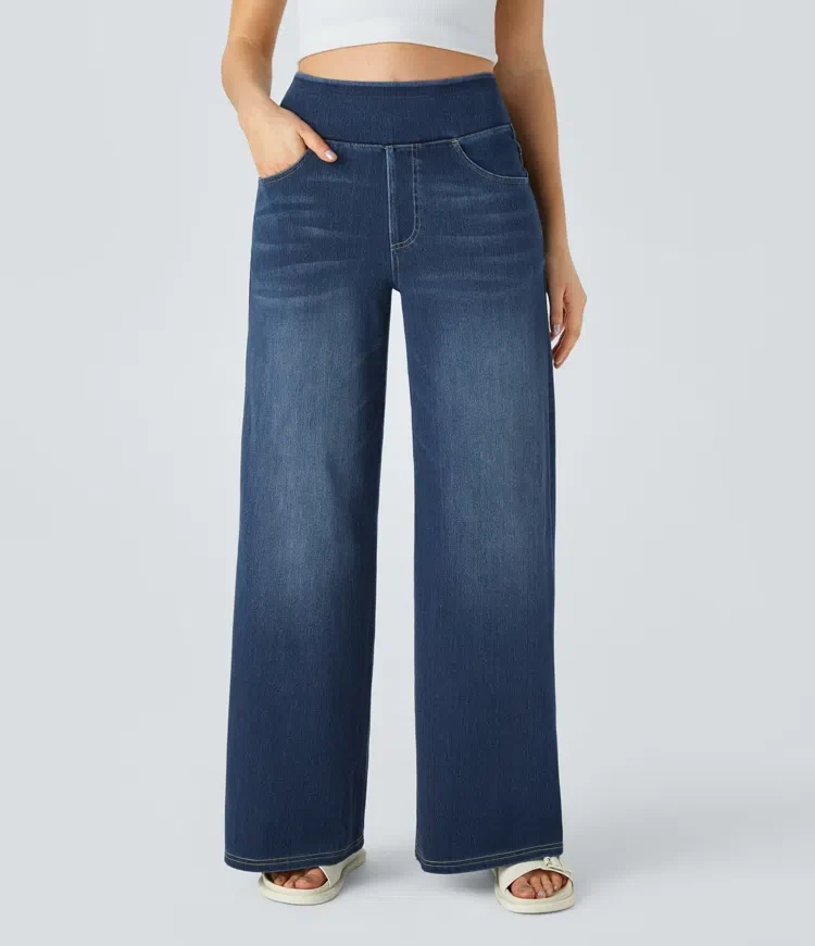 Damen Jeans mit hohem Bund | Super Stretch Stoff | Weites Bein | Bequeme Passform | Zeitloser Stil