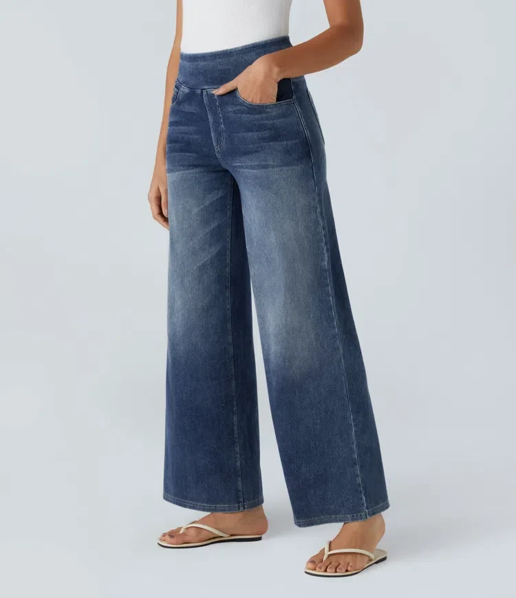 Damen Jeans mit hohem Bund | Super Stretch Stoff | Weites Bein | Bequeme Passform | Zeitloser Stil