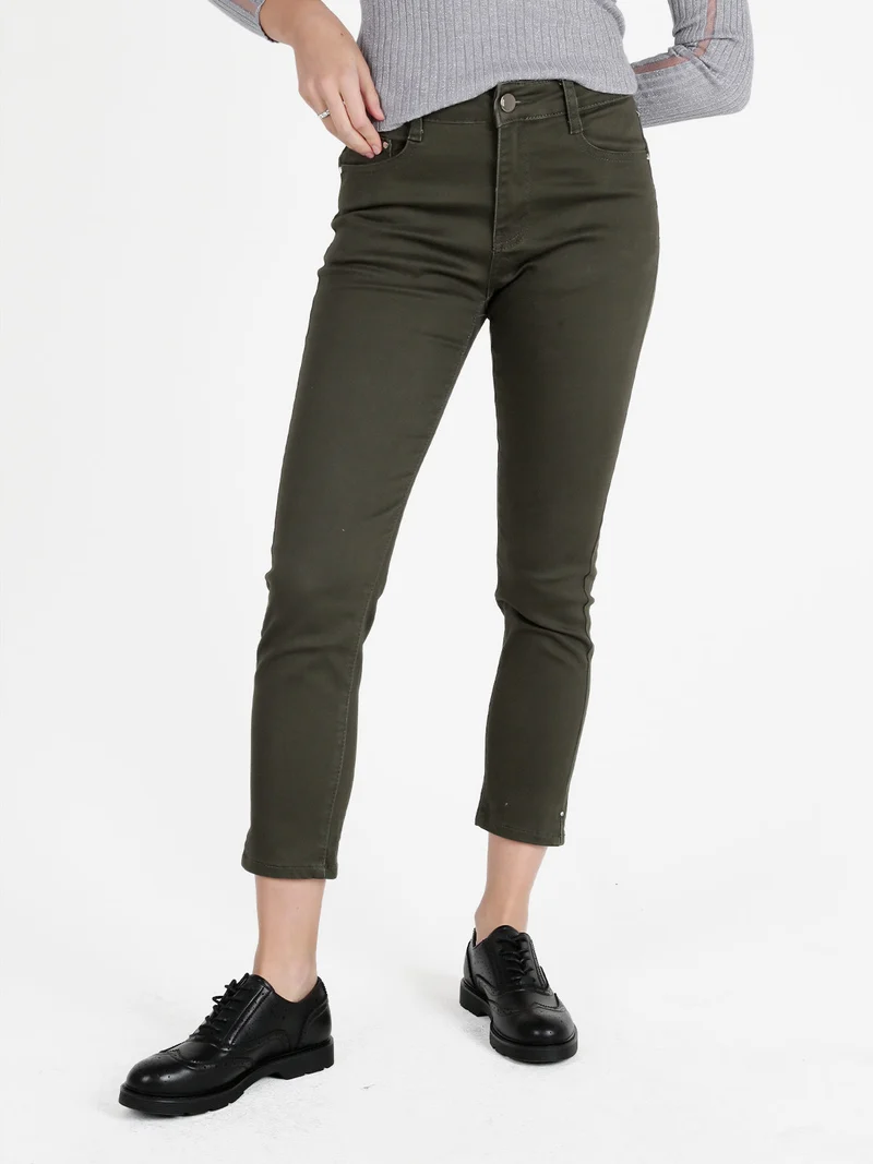 Pantaloni donna regular fit con dettagli strass - verde scuro