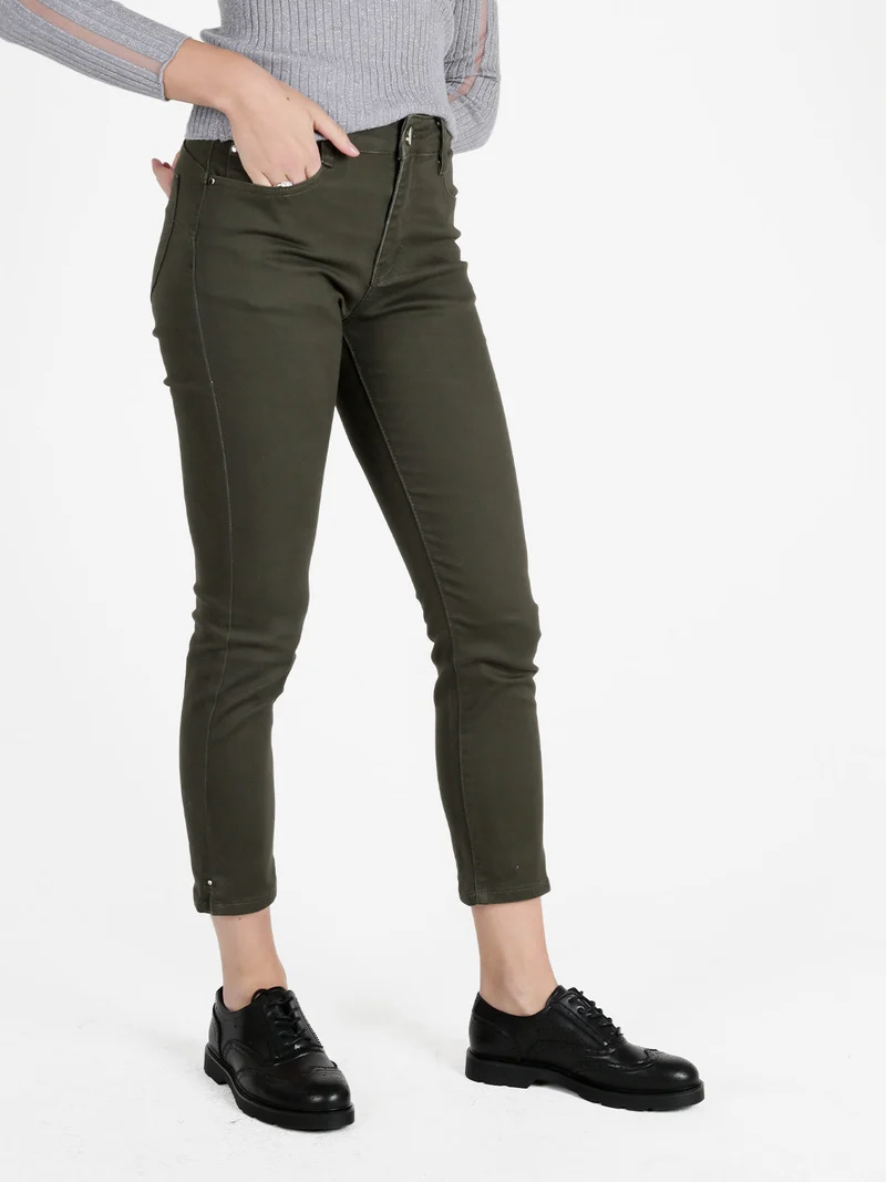 Pantaloni donna regular fit con dettagli strass - verde scuro