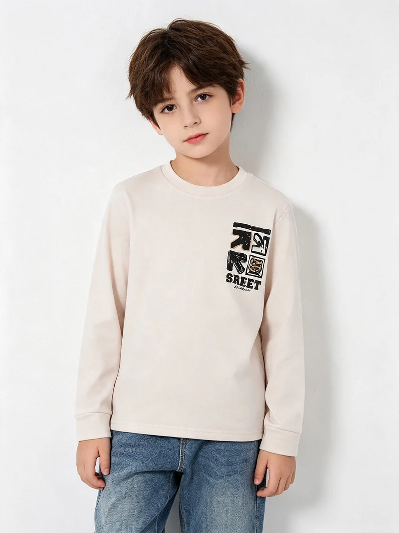 T-shirt maniche lunghe da bambino con stampa sul retro - beige
