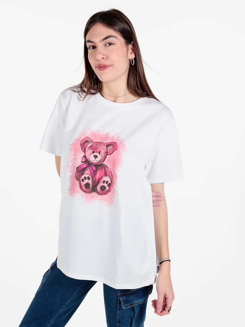 T-shirt donna oversize con stampa orsacchiotto - fucsia