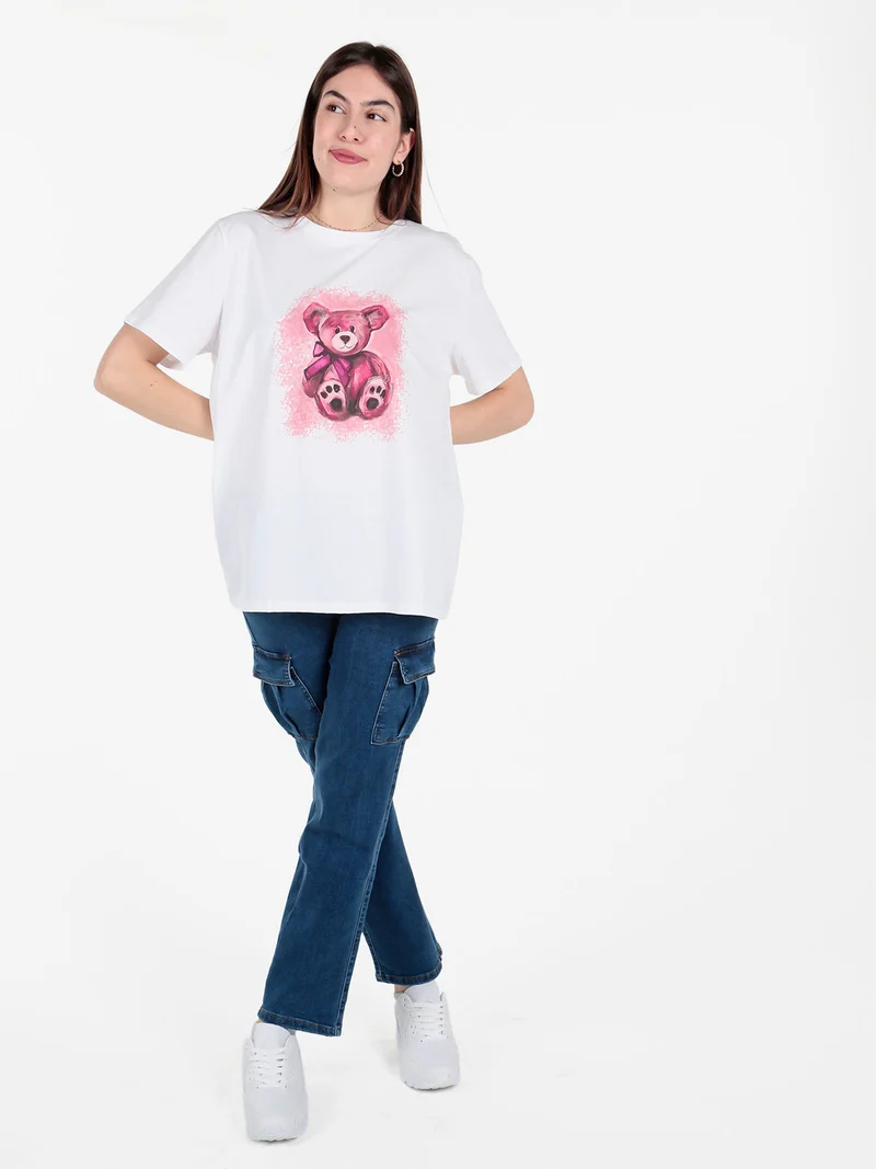 T-shirt donna oversize con stampa orsacchiotto - fucsia