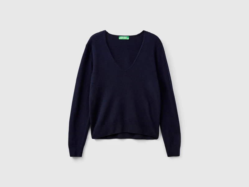 Dunkelblauer Pullover mit V-Ausschnitt aus reiner Merinowolle