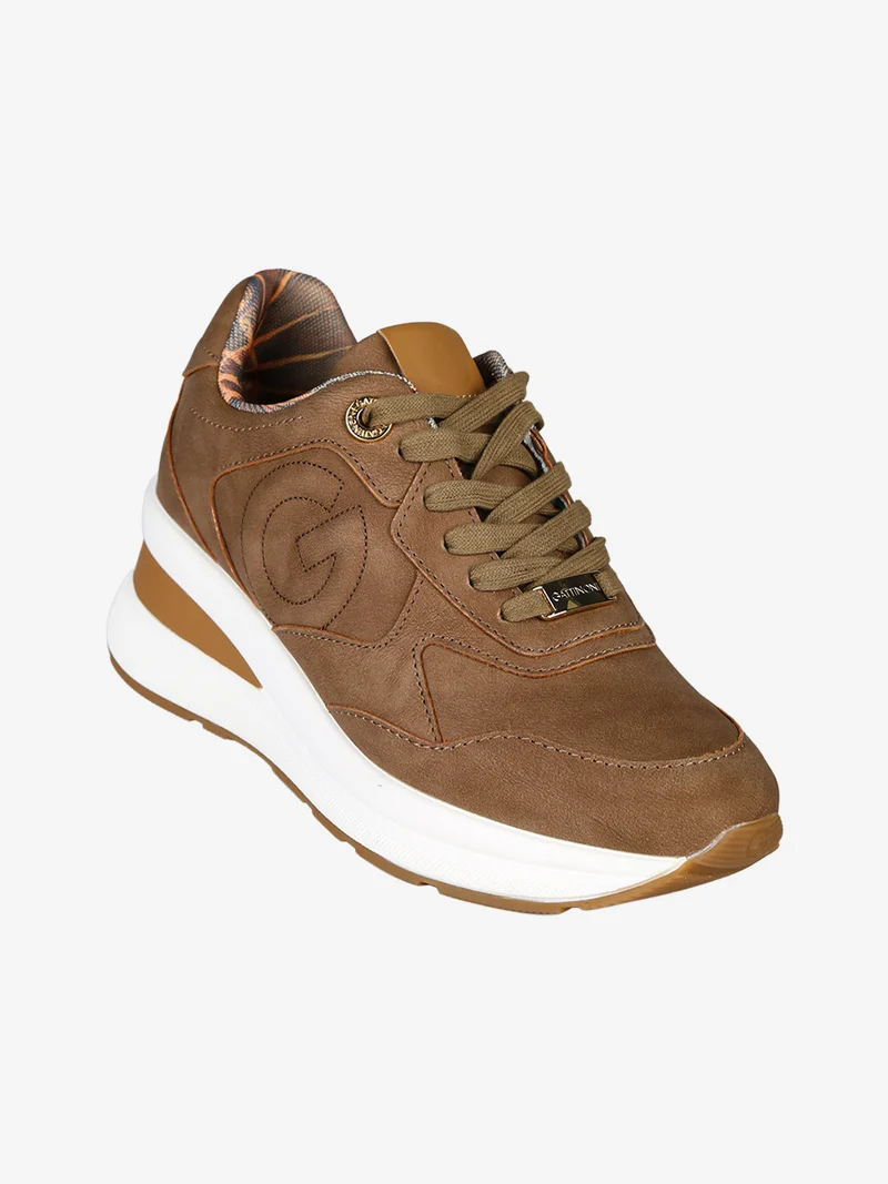 Sneakers donna stringate con zeppa - marrone