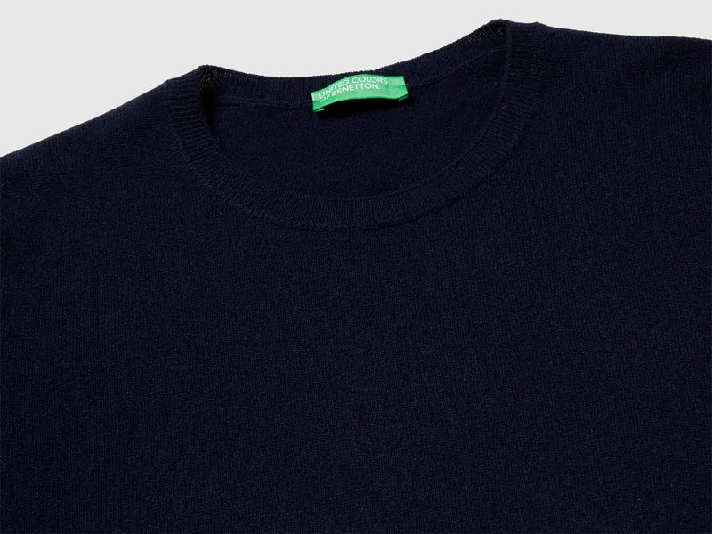 Dunkelblauer Kurzarmpullover aus reiner Merinowolle