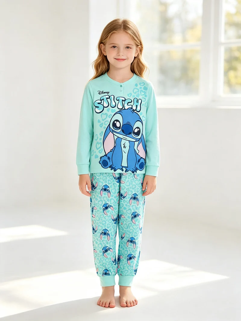 Stitch pigiama lungo da bambina in cotone con stampe - acqua marina