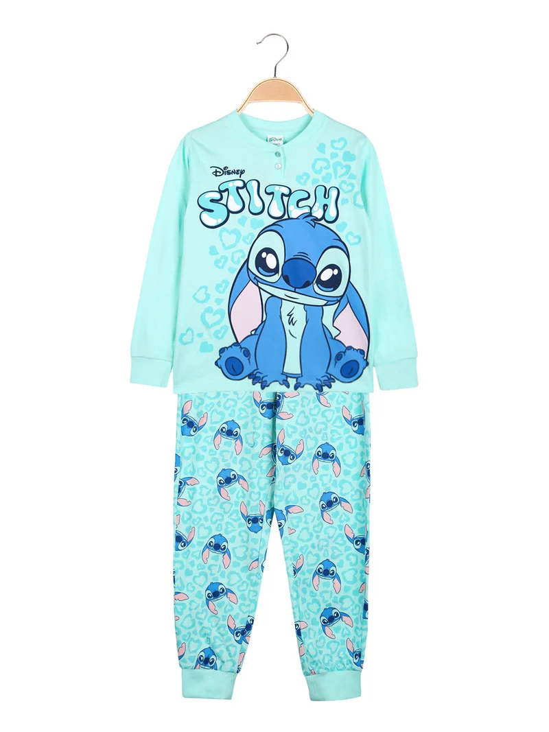 Stitch pigiama lungo da bambina in cotone con stampe - acqua marina
