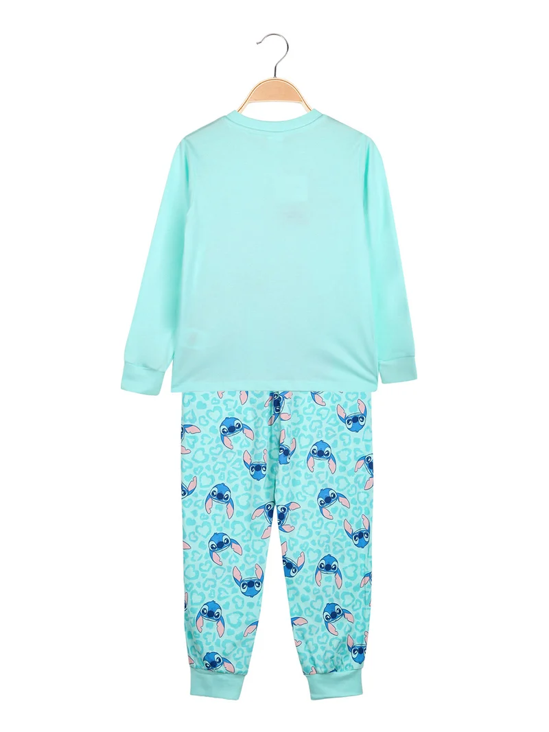 Stitch pigiama lungo da bambina in cotone con stampe - acqua marina