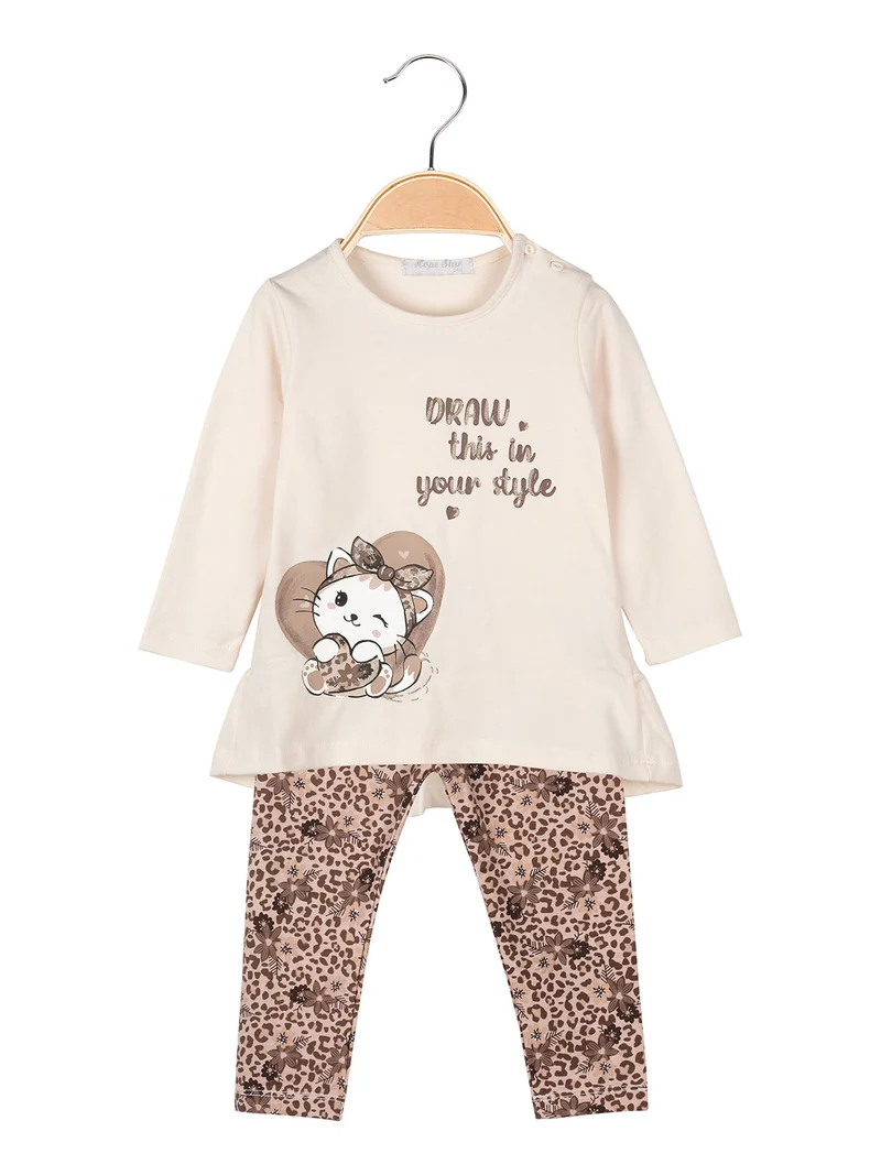 Completo 2 pezzi da neonata con maglietta e leggings a fantasia - panna