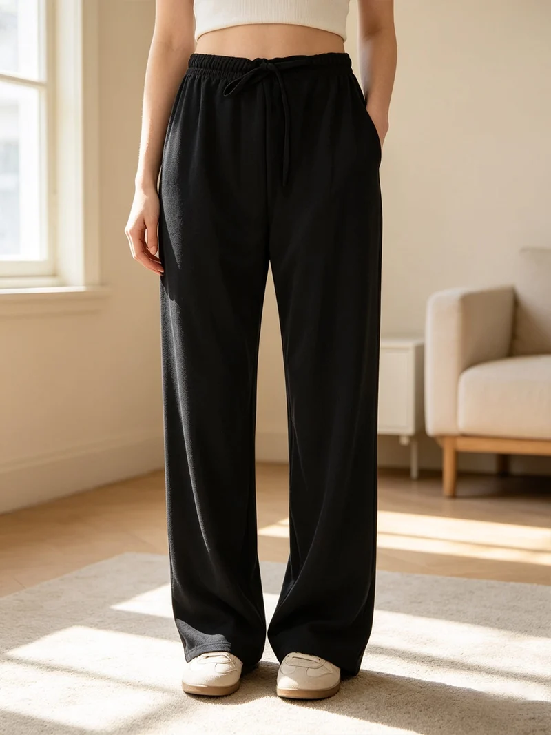 Pantaloni donna a gamba larga con coulisse - nero