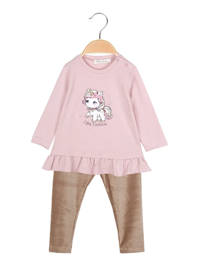 Completo lungo da neonata con maglietta e leggings in velluto a costine - rosa