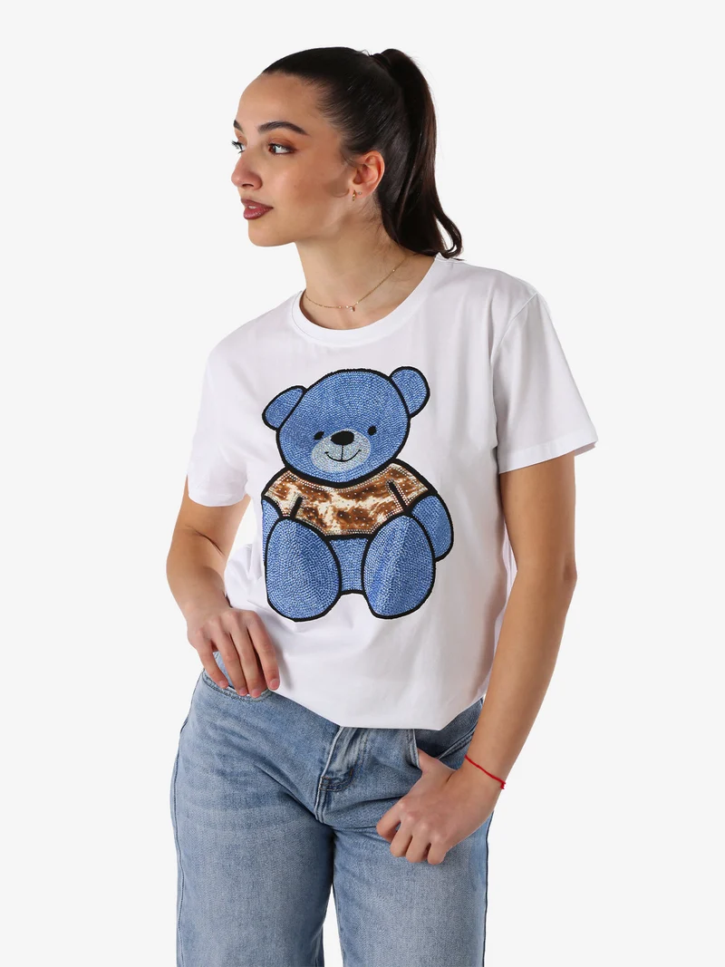 T-shirt donna orsacchiotto con strass - blu
