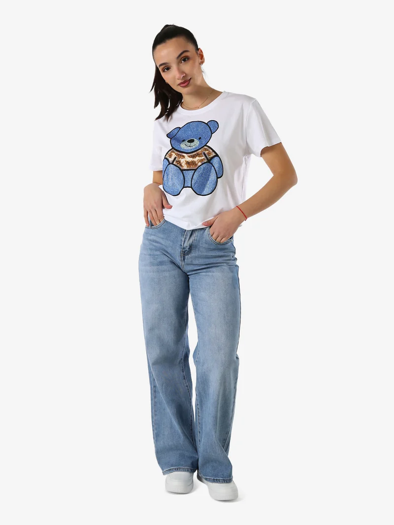 T-shirt donna orsacchiotto con strass - blu