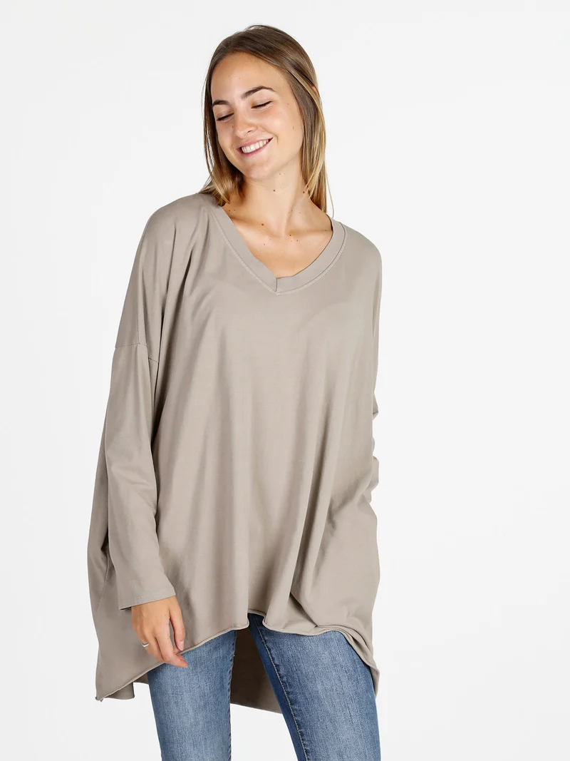 Maxi t-shirt donna in cotone a maniche lunghe - beige