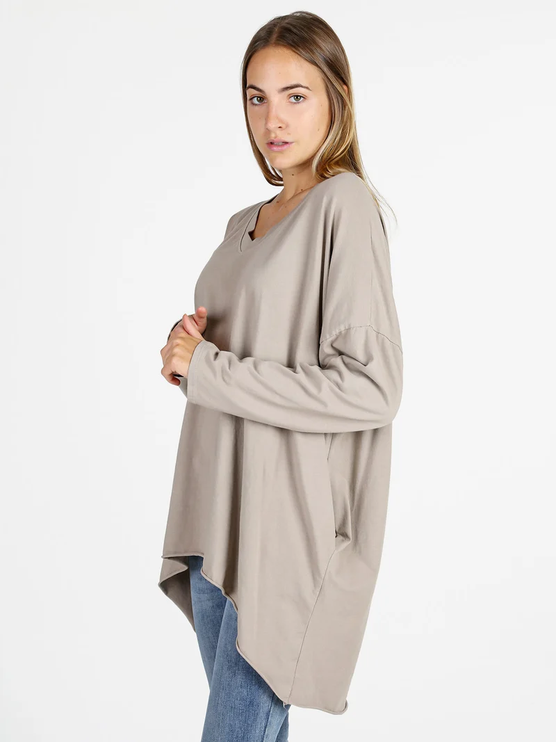 Maxi t-shirt donna in cotone a maniche lunghe - beige