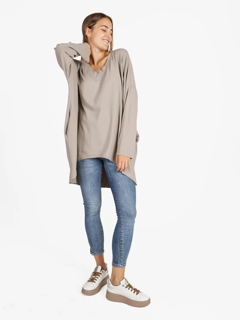 Maxi t-shirt donna in cotone a maniche lunghe - beige