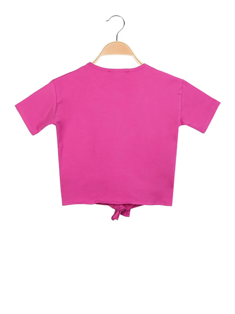 T-shirt manica corta da bambina con nodo - fucsia