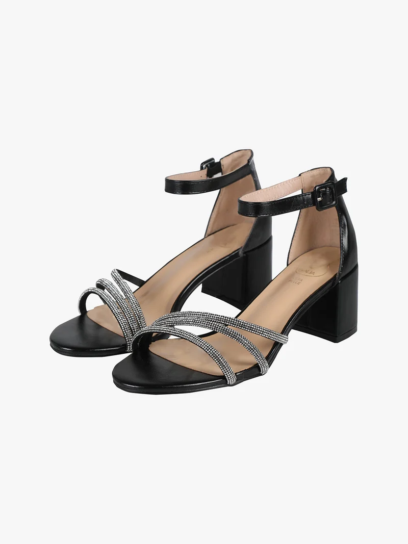 Sandali donna con tacco e fascette di strass - nero