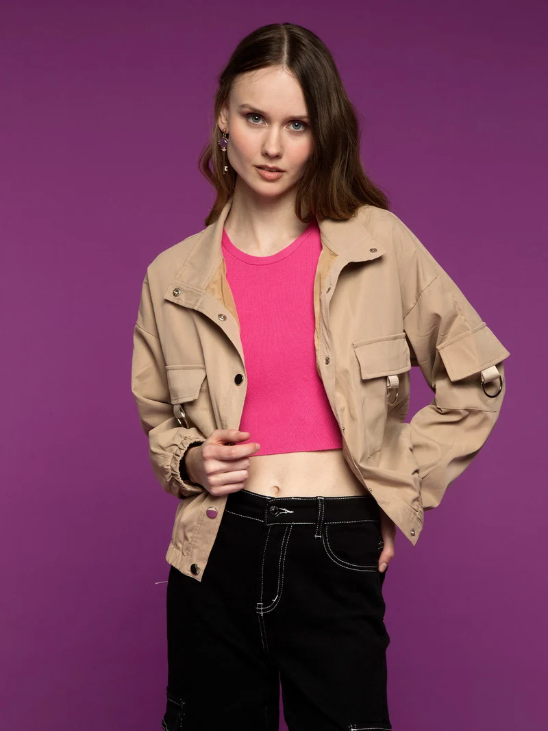 Giacca donna oversize con bottoni e tasche - khaki