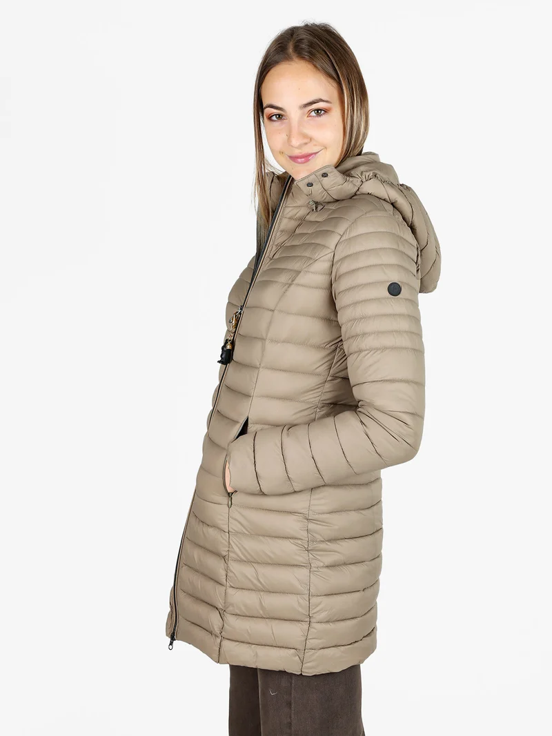 Giubbotto lungo da donna con cappuccio e zip - sabbia