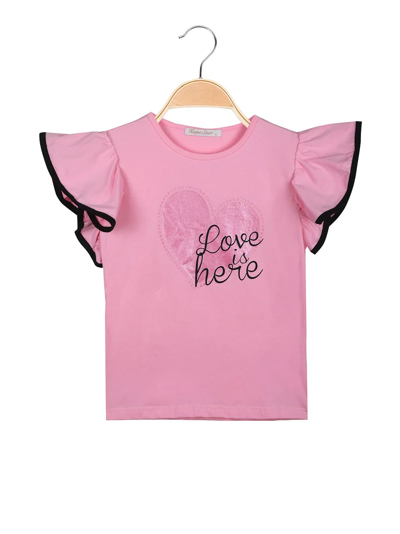 T-shirt da bambina con maniche a volant e stampa cuore - rosa