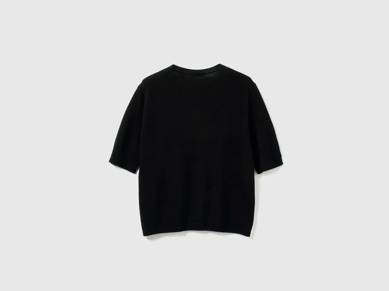 Schwarzer Kurzarmpullover aus reiner Merinowolle