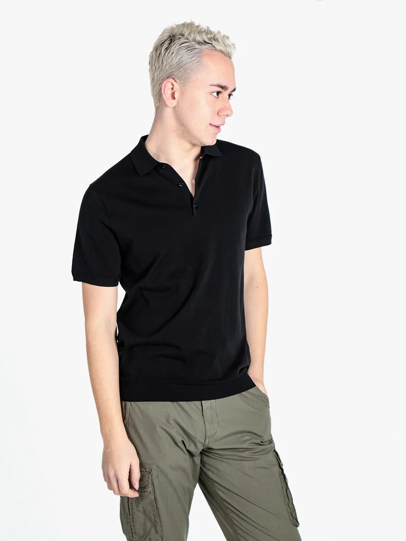 Polo da uomo in maglia extra fine a maniche corte - nero