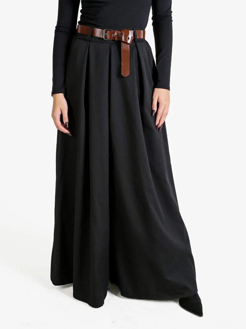 Pantaloni donna a gamba larga con cintura - nero