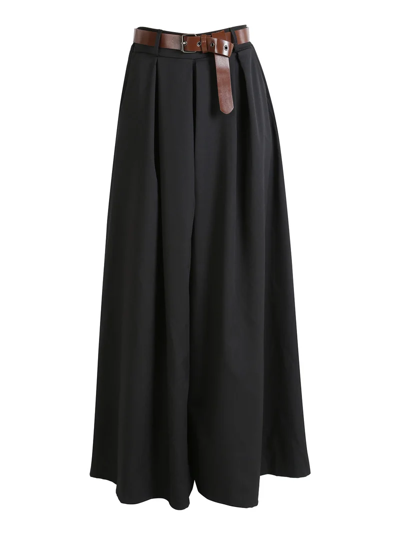 Pantaloni donna a gamba larga con cintura - nero