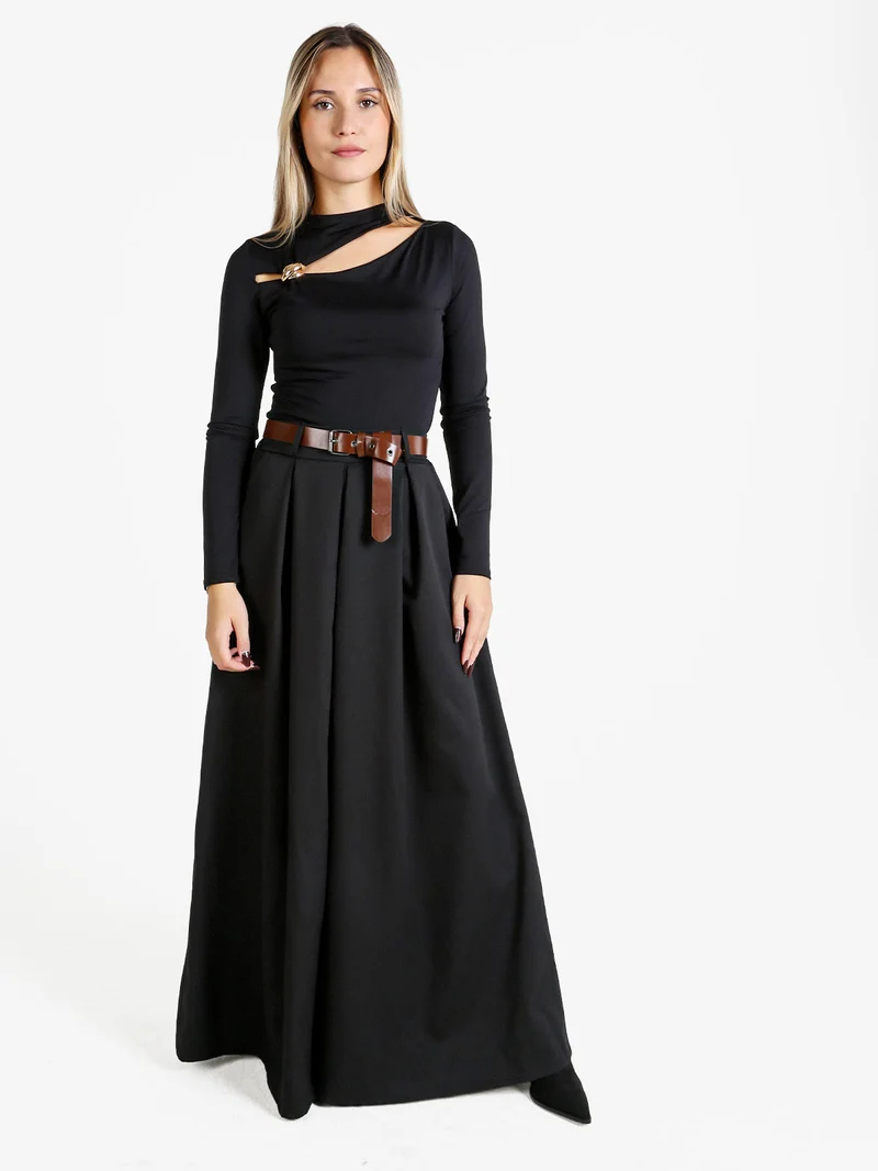 Pantaloni donna a gamba larga con cintura - nero