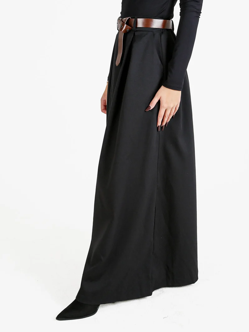 Pantaloni donna a gamba larga con cintura - nero