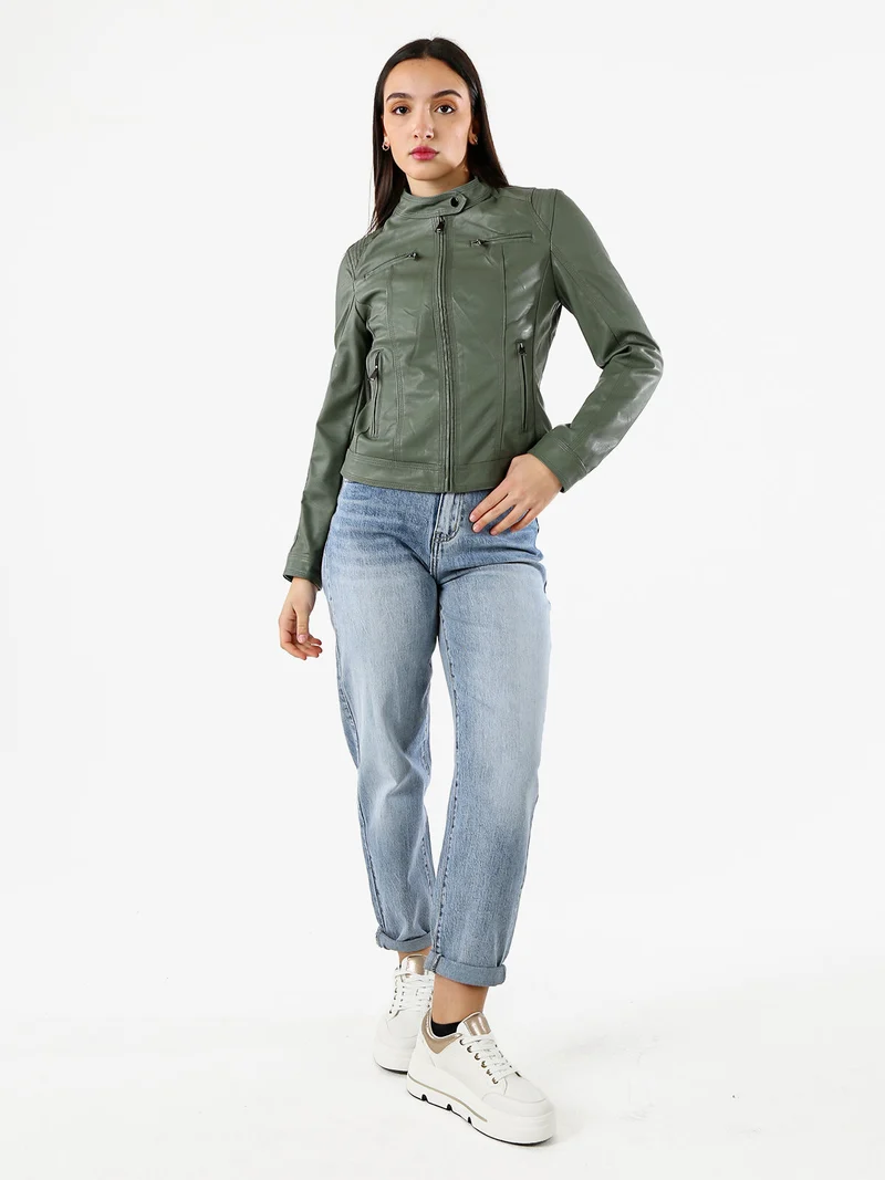 Giacca da donna in ecopelle - verde scuro