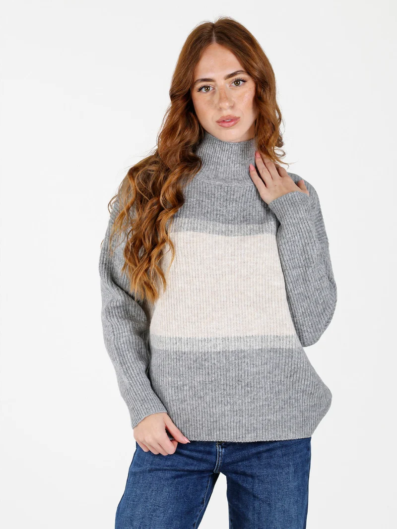 Maglione donna accollato a blocchi di colore con strass - grigio