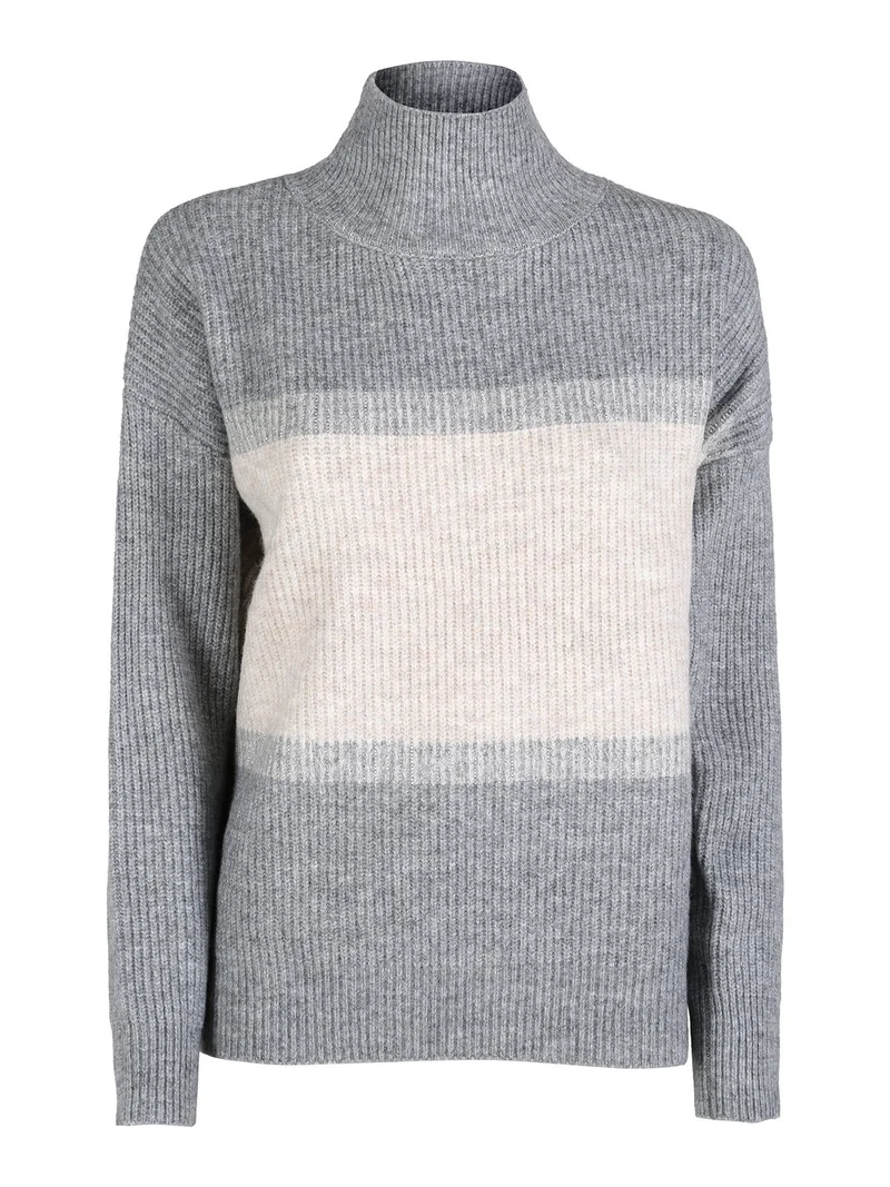 Maglione donna accollato a blocchi di colore con strass - grigio