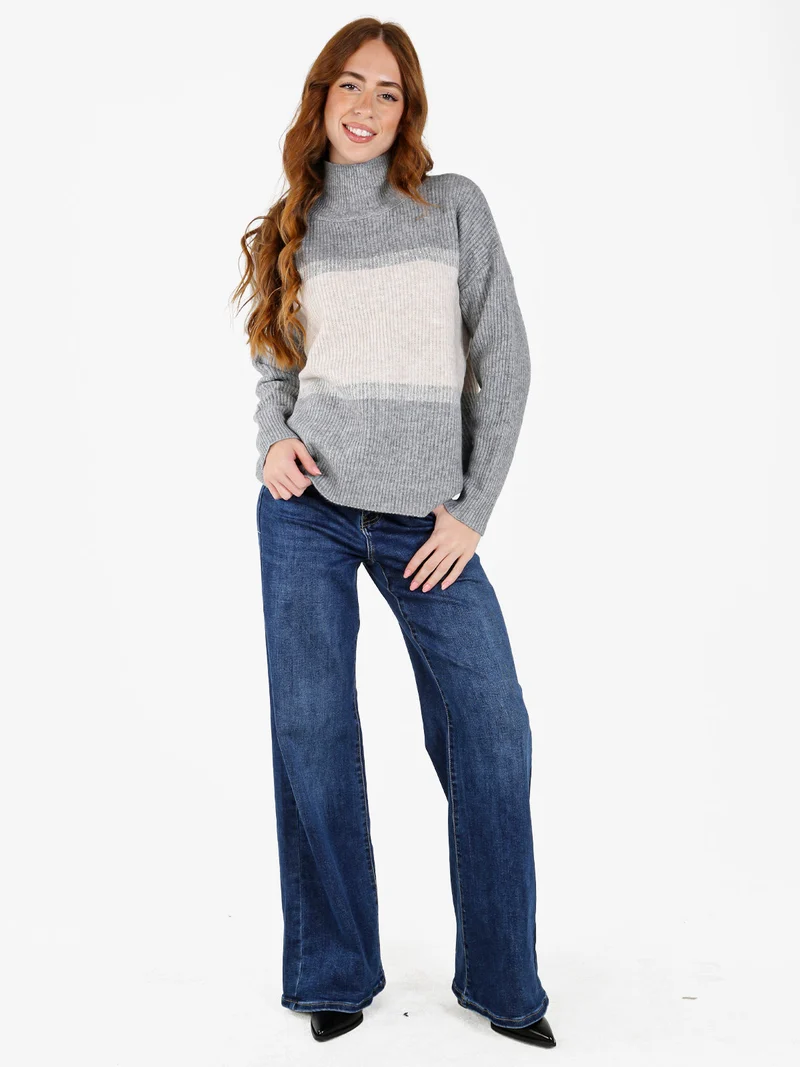 Maglione donna accollato a blocchi di colore con strass - grigio