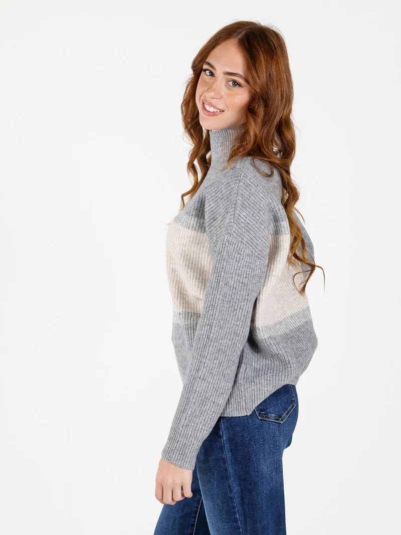 Maglione donna accollato a blocchi di colore con strass - grigio