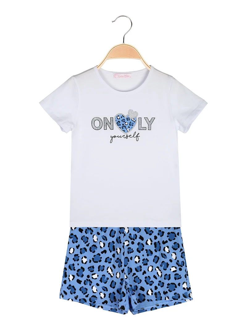 Completo corto da bambina con t-shirt e shorts maculati - bianco