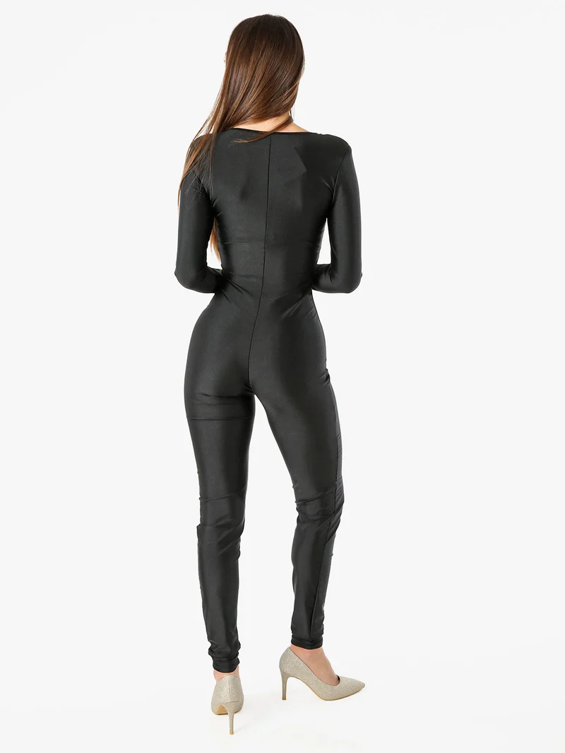 Tuta jumpsuit da donna a maniche lunghe con scollo a V - nero