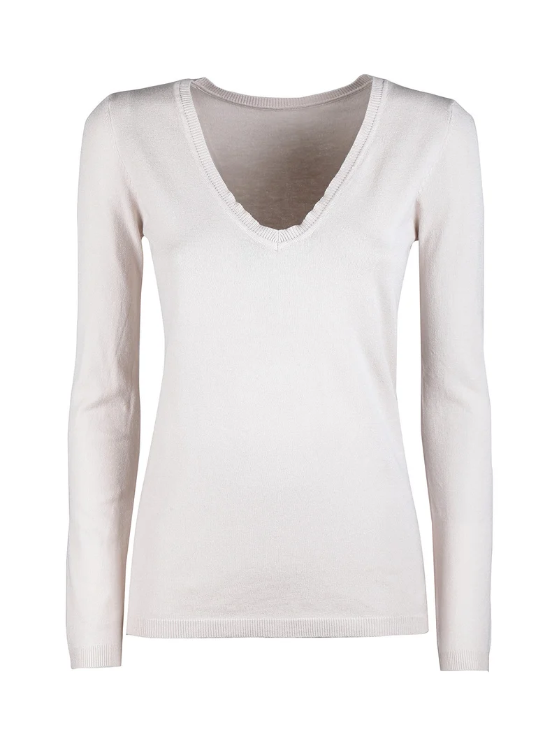 Pullover donna in maglia scollo V - beige