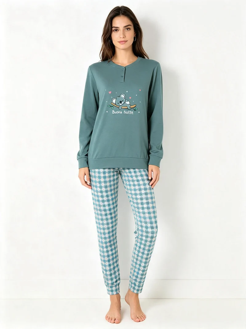 Pigiama lungo da donna in cotone interlock con dettaglio in pizzo e pantaloni a quadretti - verde