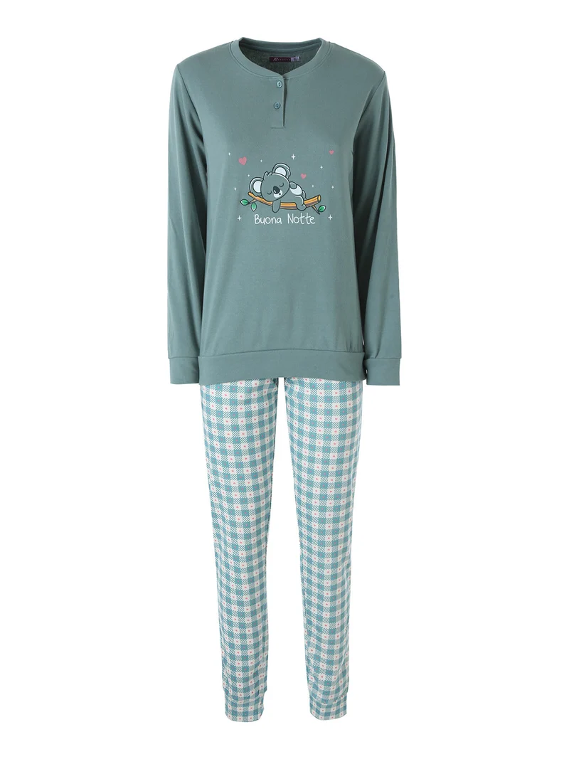 Pigiama lungo da donna in cotone interlock con dettaglio in pizzo e pantaloni a quadretti - verde