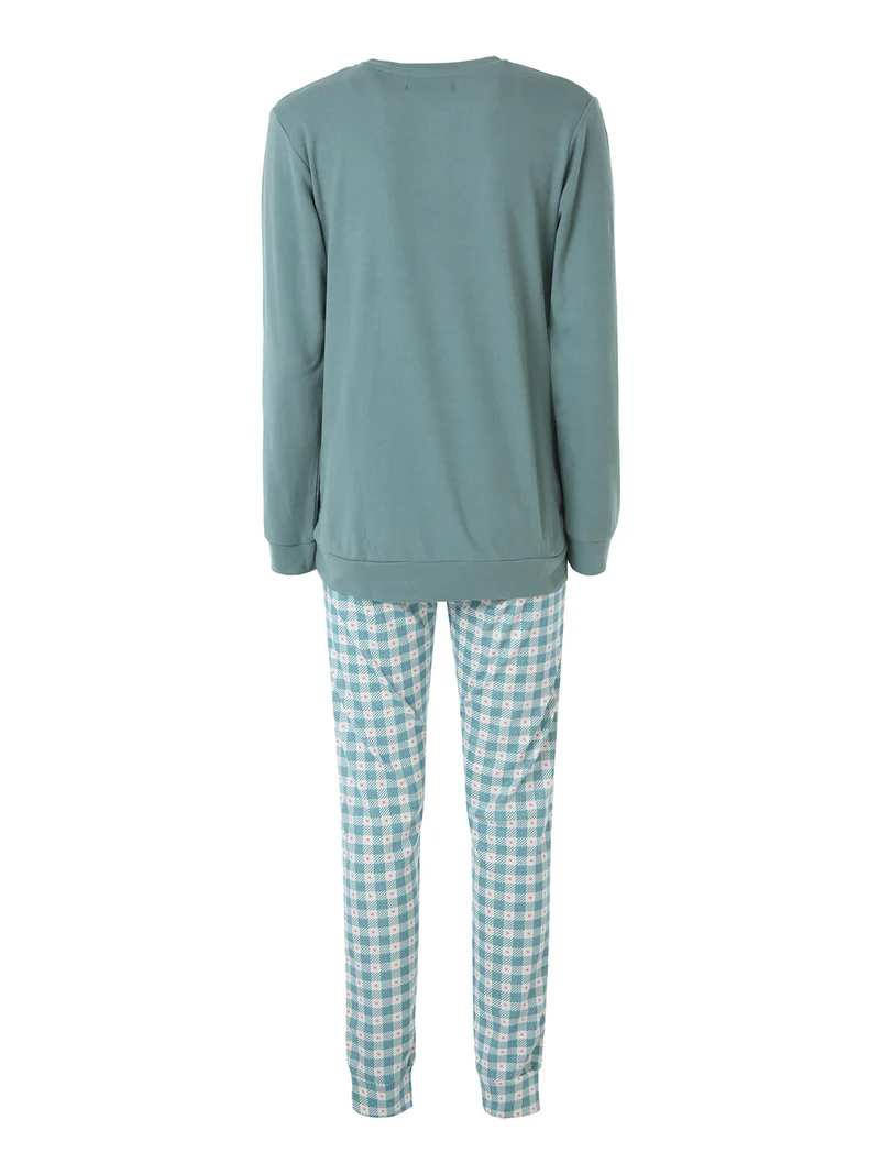 Pigiama lungo da donna in cotone interlock con dettaglio in pizzo e pantaloni a quadretti - verde
