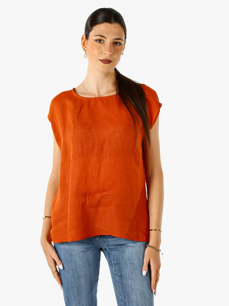 Blusa donna in lino senza maniche - cuoio