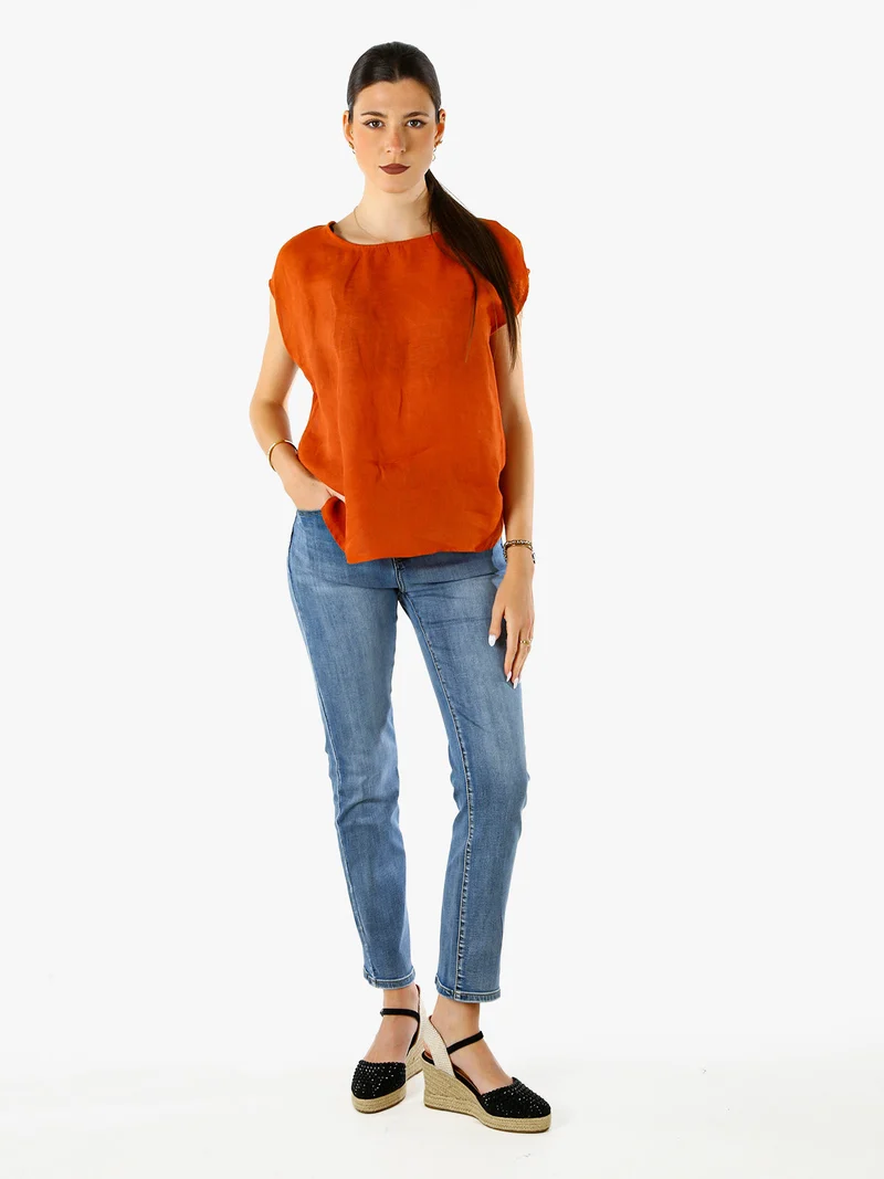 Blusa donna in lino senza maniche - cuoio